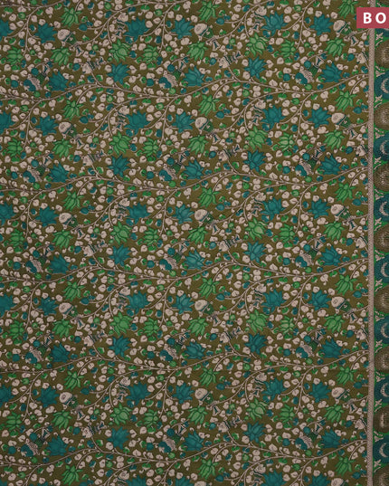 Kalamkari cotton saree dark mehendi green and green with allover prints and printed border