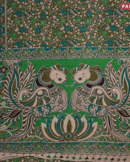 Kalamkari cotton saree dark mehendi green and green with allover prints and printed border