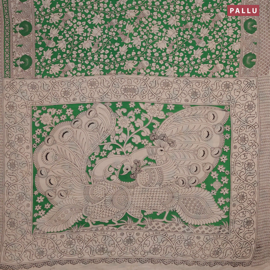 Kalamkari cotton saree green and beige with allover prints and printed border