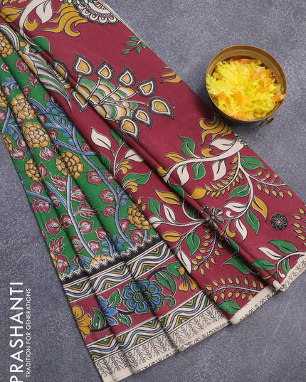 Kalamkari cotton saree green and maroon with allover prints and printed border