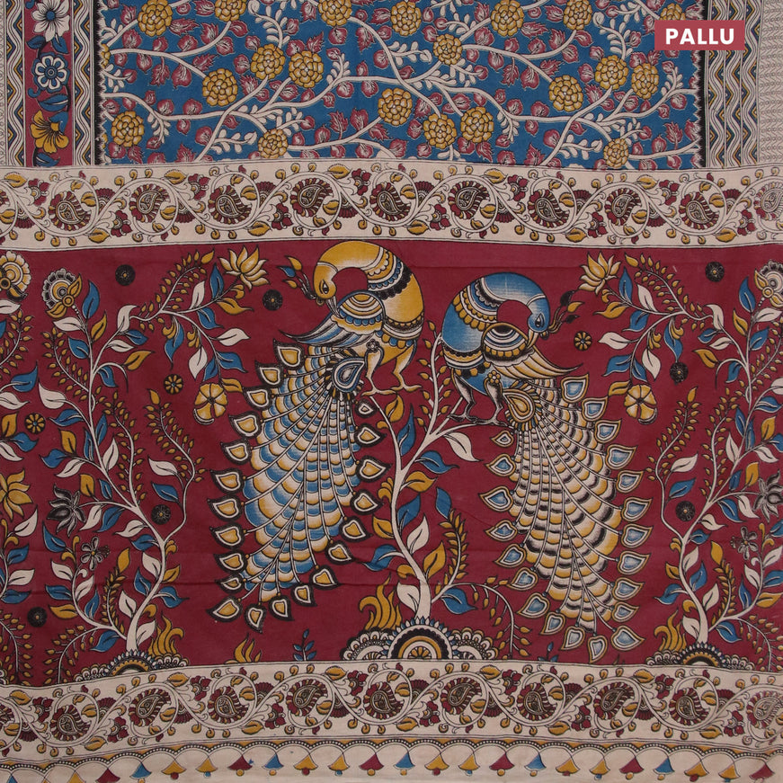 Kalamkari cotton saree peacock blue and maroon shade with allover prints and printed border