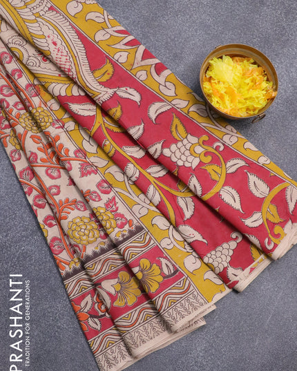 Kalamkari cotton saree beige orange and red with allover prints and printed border