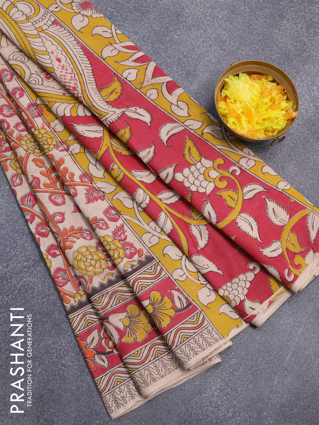 Kalamkari cotton saree beige orange and red with allover prints and printed border