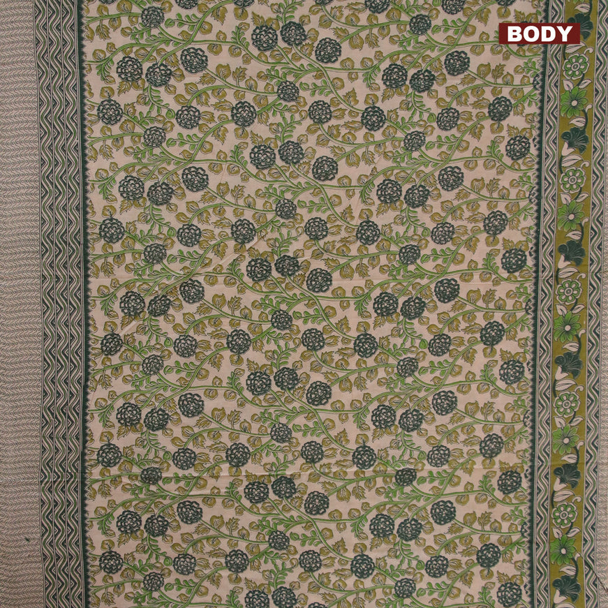 Kalamkari cotton saree beige and mehendi green with allover prints and printed border