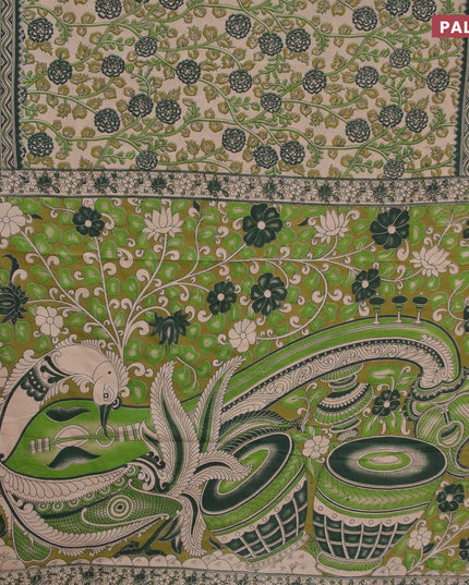 Kalamkari cotton saree beige and mehendi green with allover prints and printed border