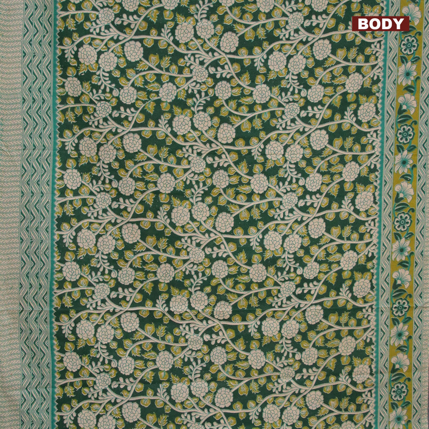 Kalamkari cotton saree dark green and green with allover prints and printed border