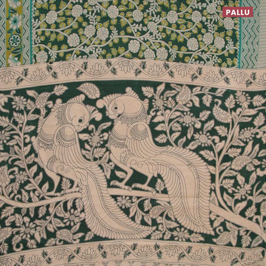Kalamkari cotton saree dark green and green with allover prints and printed border