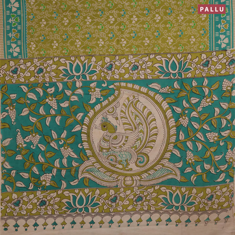Kalamkari cotton saree light green and green with allover prints and printed border