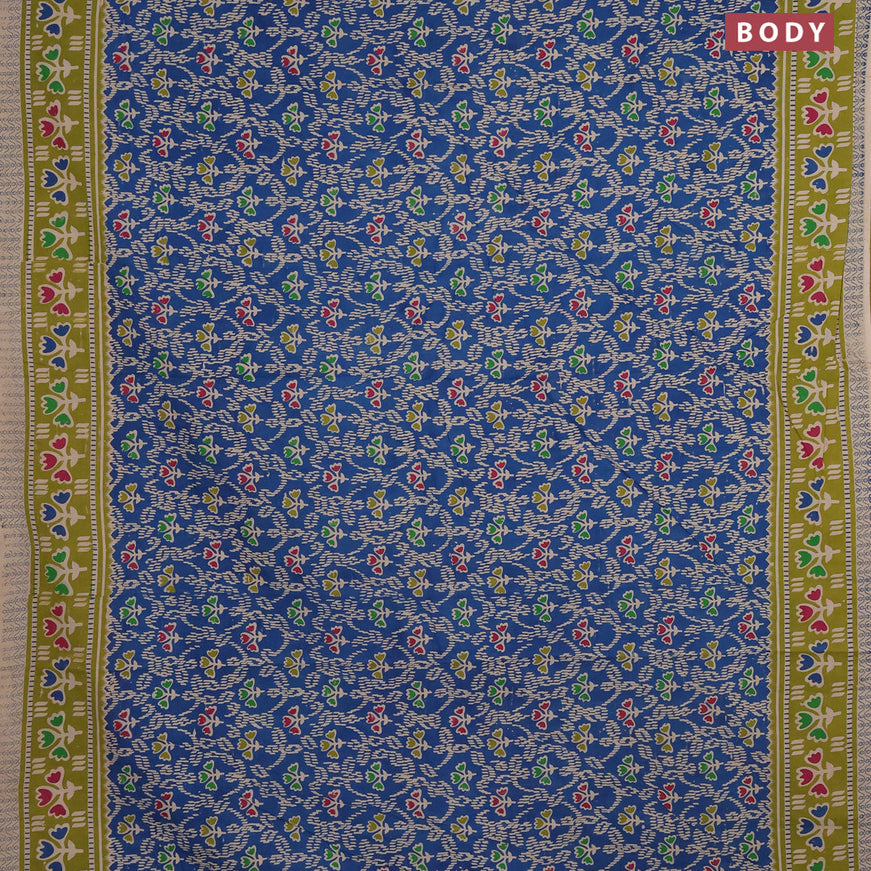 Kalamkari cotton saree peacock blue and light green with allover prints and printed border