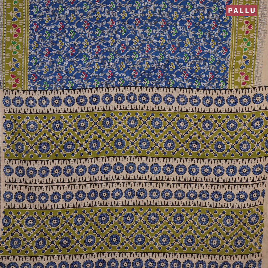Kalamkari cotton saree peacock blue and light green with allover prints and printed border