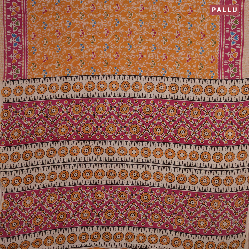 Kalamkari cotton saree sunset orange and megenta pink with allover prints and printed border