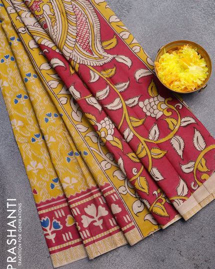 Kalamkari cotton saree lime yellow and megenta pink with allover prints and printed border