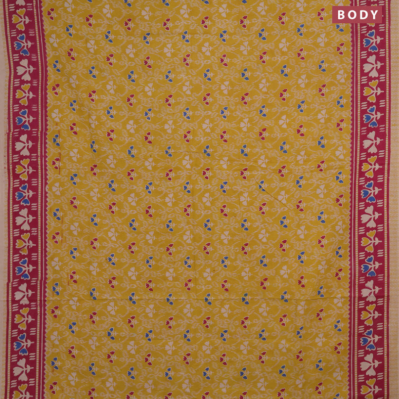Kalamkari cotton saree lime yellow and megenta pink with allover prints and printed border