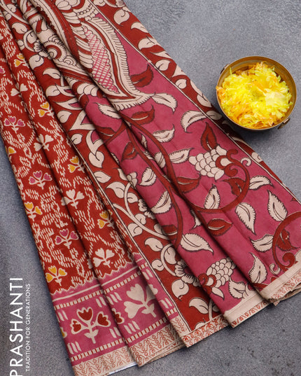 Kalamkari cotton saree maroon and pink with allover prints and printed border