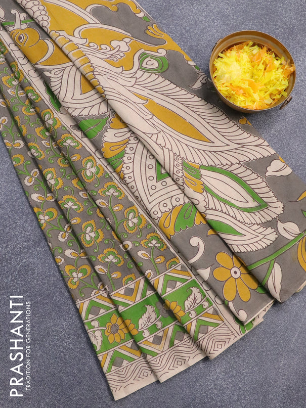 Kalamkari cotton saree grey and green with allover prints and printed border