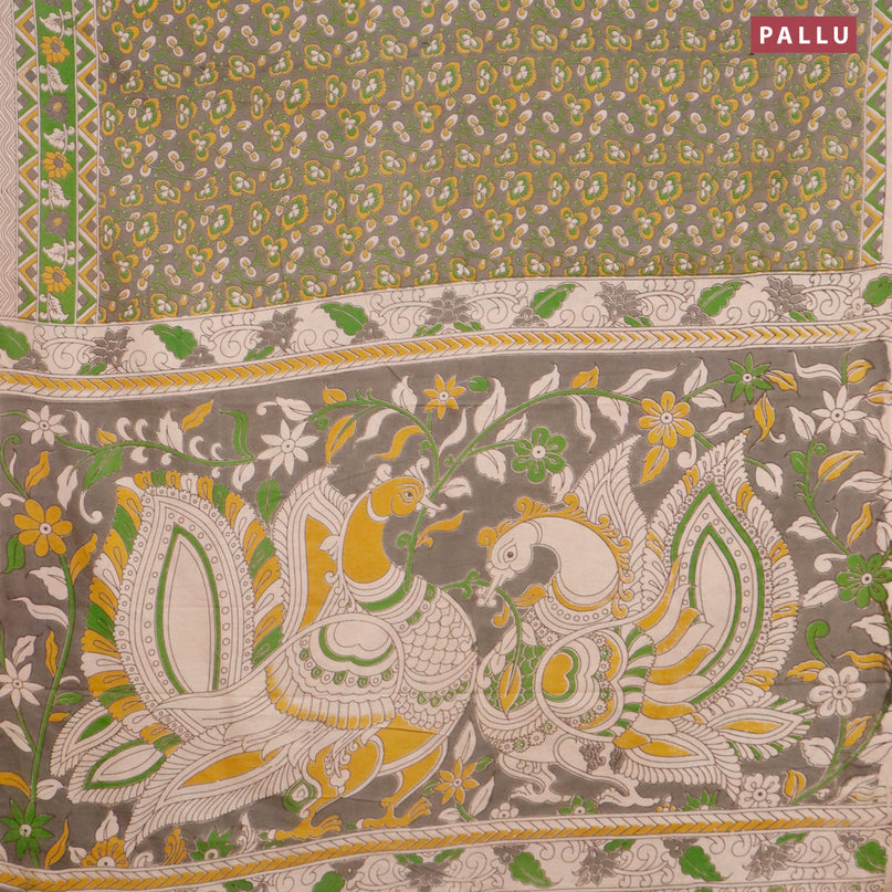 Kalamkari cotton saree grey and green with allover prints and printed border