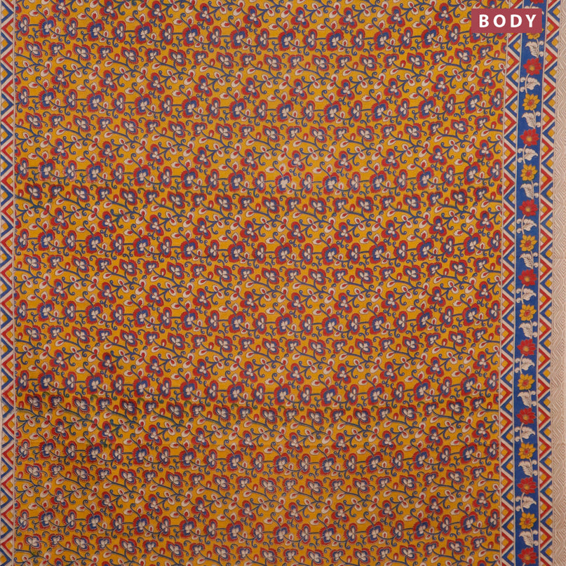 Kalamkari cotton saree yellow and blue with allover prints and printed border