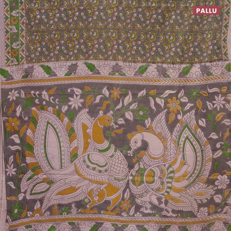 Kalamkari cotton saree grey and grey with allover prints and printed border