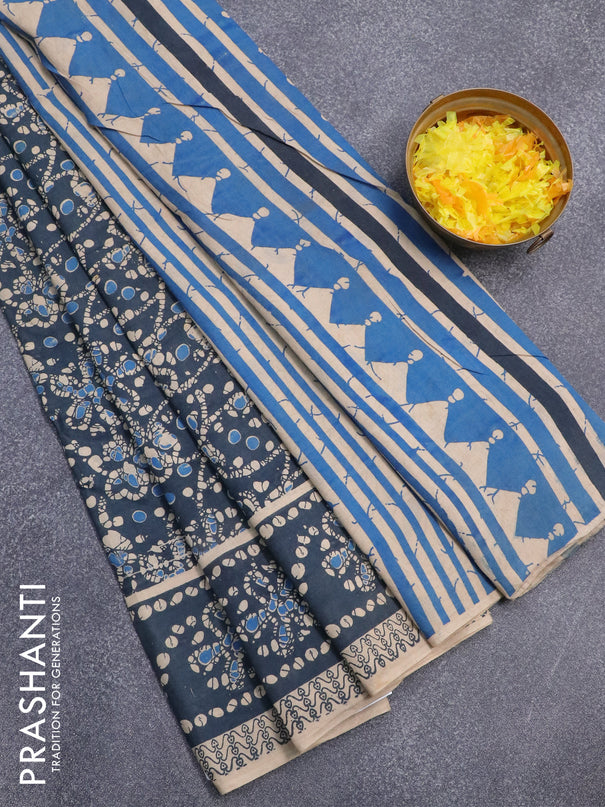 Kalamkari cotton saree peacock blue with allover batik prints and printed border