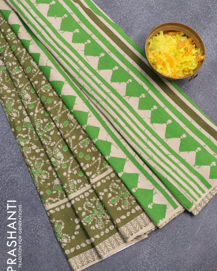 Kalamkari cotton saree mehedhi green with allover batik prints and printed border