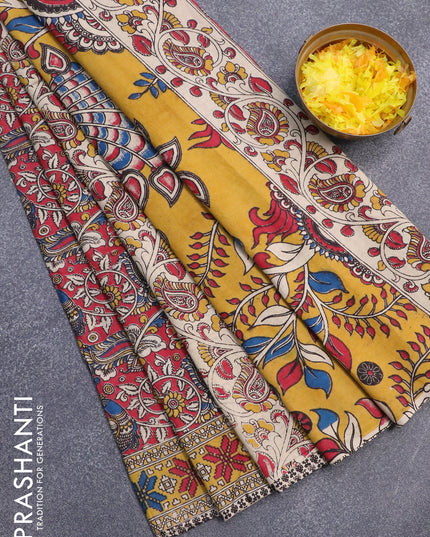 Kalamkari cotton saree tomato red and yellow with allover prints and printed border