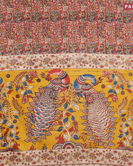 Kalamkari cotton saree tomato red and yellow with allover prints and printed border
