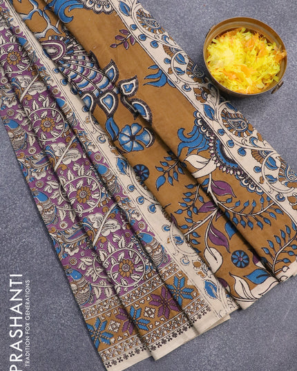 Kalamkari cotton saree purple and dark mustard with allover prints and printed border