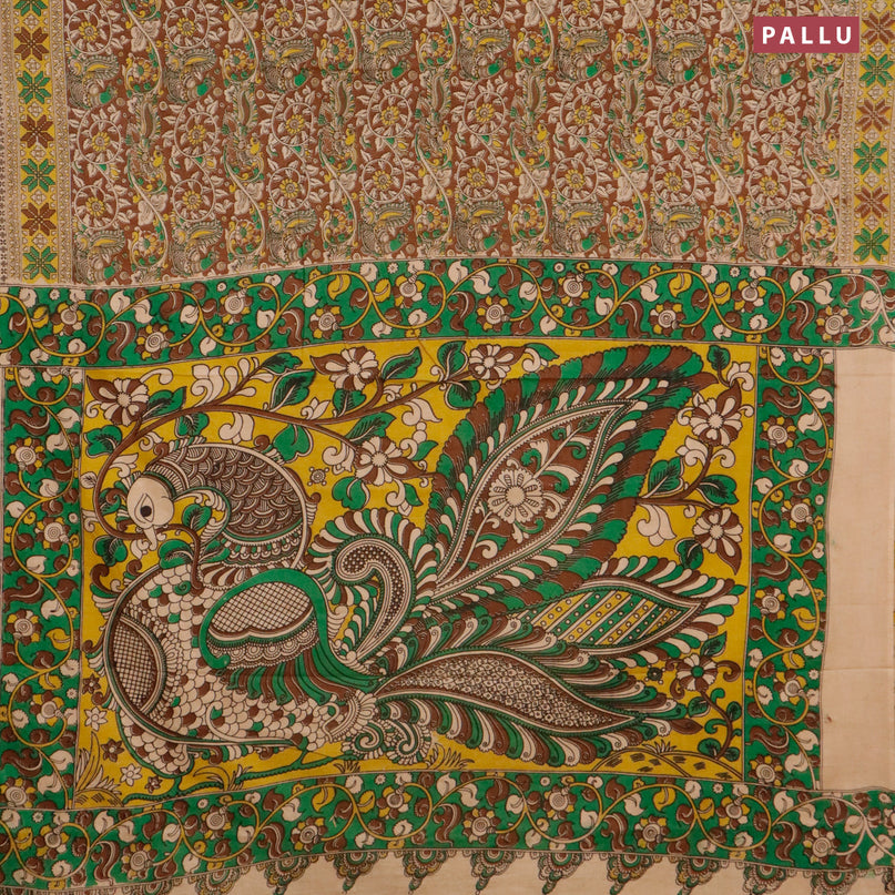 Kalamkari cotton saree brown and yellow with allover prints and printed border