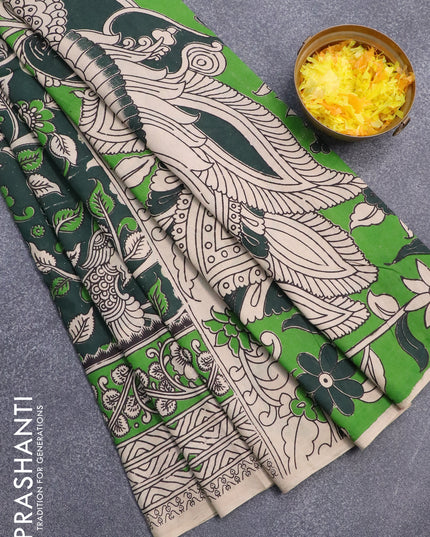 Kalamkari cotton saree bottle green and green with allover prints and printed border