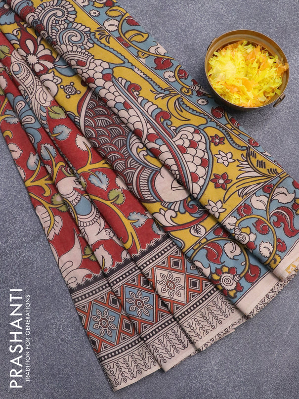 Kalamkari cotton saree maroon and rust shade with allover prints and printed border