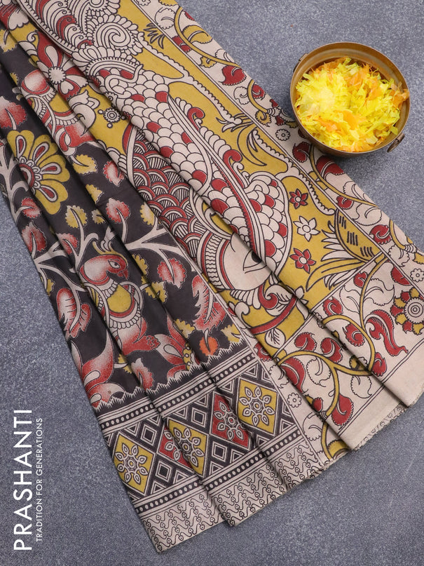 Kalamkari cotton saree black with allover prints and printed border