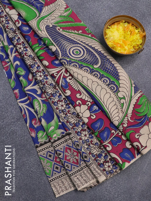 Kalamkari cotton saree blue with allover prints and printed border