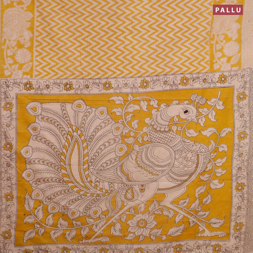Kalamkari cotton saree beige and yellow with allover zig zag prints and printed border