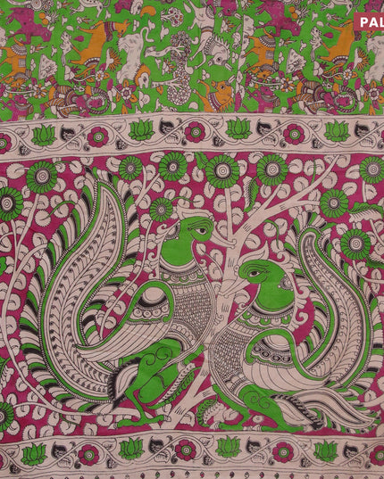 Kalamkari cotton saree green and beige with allover prints and printed border