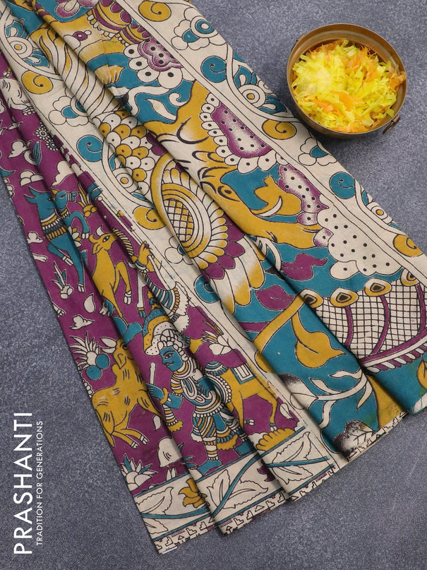 Kalamkari cotton saree purple and beige with allover prints and printed border