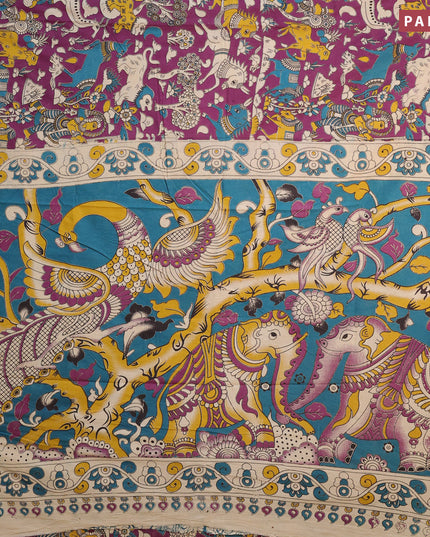 Kalamkari cotton saree purple and beige with allover prints and printed border