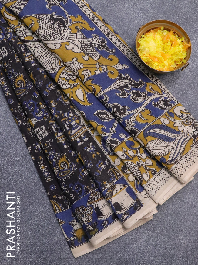 Kalamkari cotton saree black and blue with allover prints and printed border