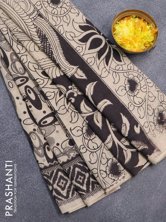 Kalamkari cotton saree beige and black with allover geometric prints and printed border