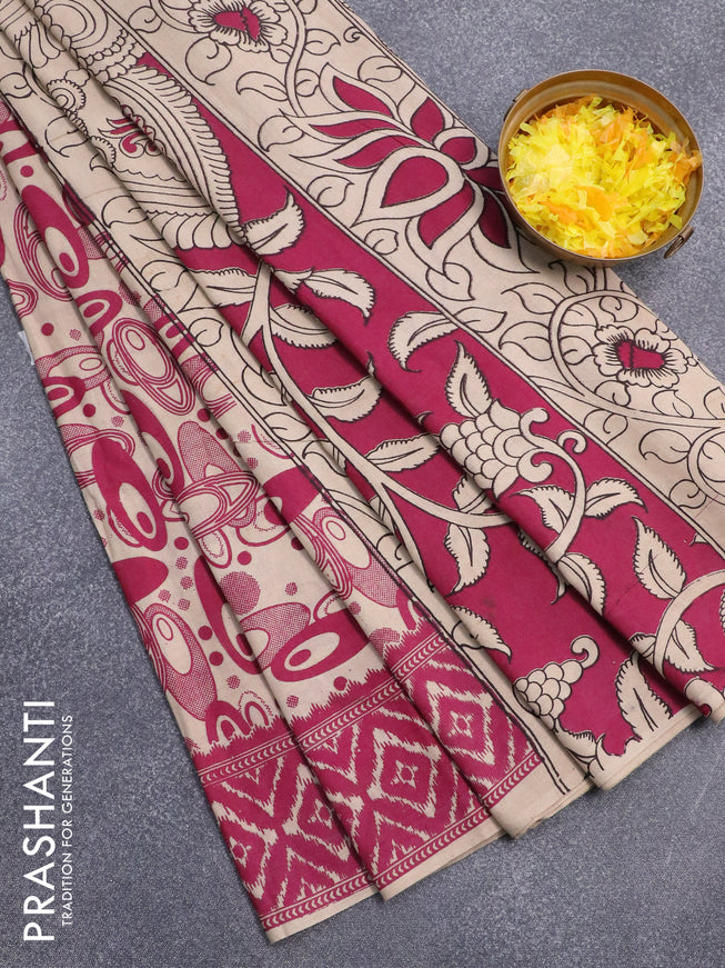 Kalamkari cotton saree beige and dark magenta pink with allover geometric prints and printed border