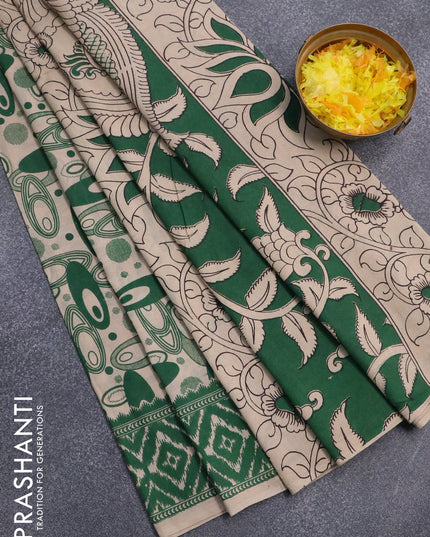 Kalamkari cotton saree beige and green with allover geometric prints and printed border