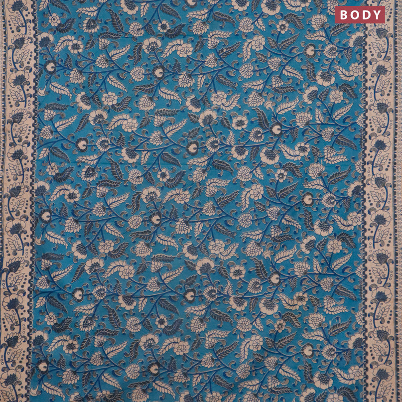 Kalamkari cotton saree cs blue and beige with allover prints and printed border