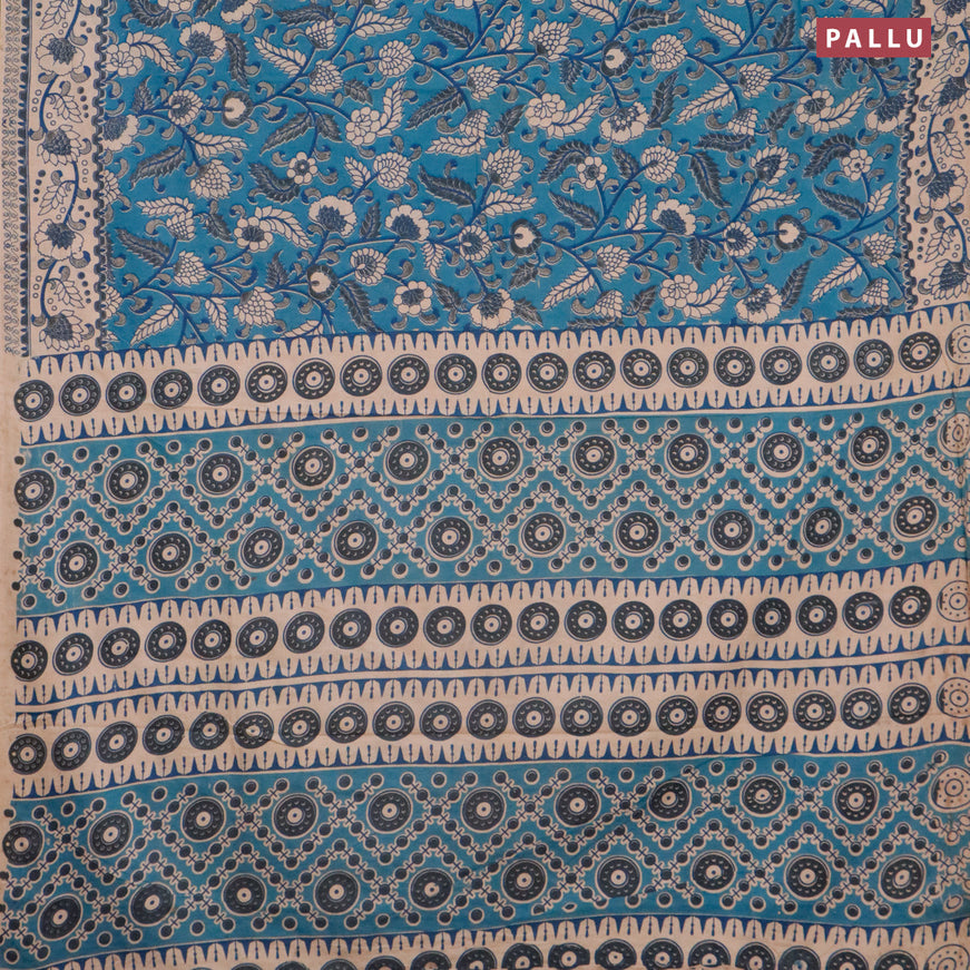Kalamkari cotton saree cs blue and beige with allover prints and printed border