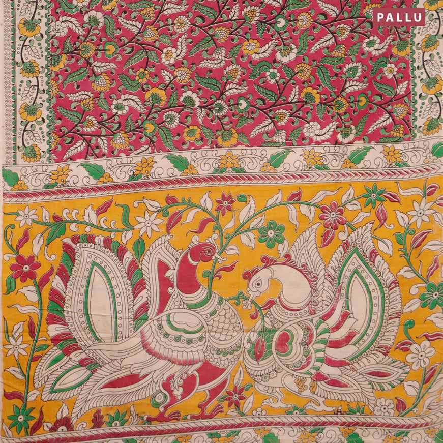 Kalamkari cotton saree dark magenta pink and beige with allover prints and printed border