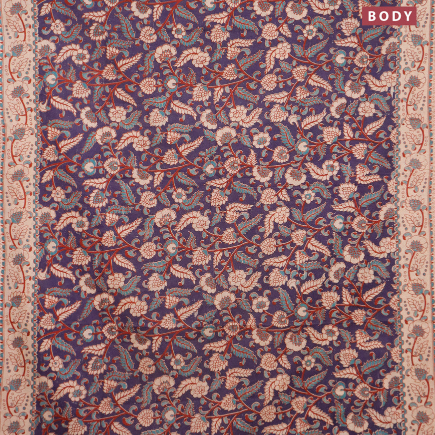 Kalamkari cotton saree dark blue and beige with allover prints and printed border