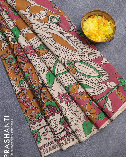 Kalamkari cotton saree brown and beige with allover prints and printed border