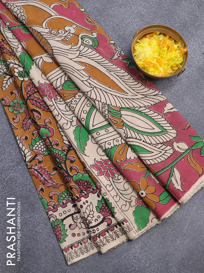 Kalamkari cotton saree brown and beige with allover prints and printed border