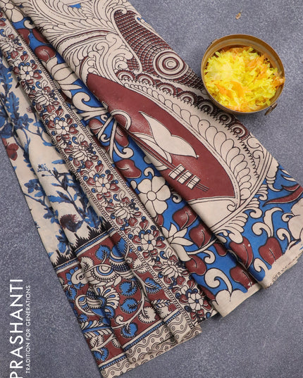 Kalamkari cotton saree beige blue and brown with allover prints and printed border