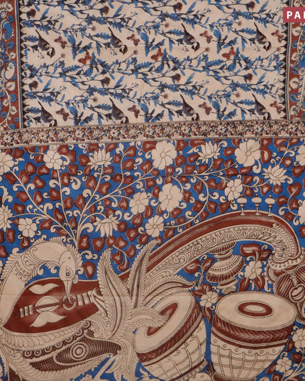 Kalamkari cotton saree beige blue and brown with allover prints and printed border