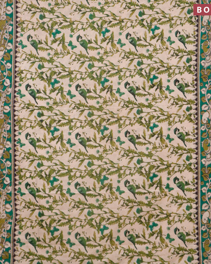 Kalamkari cotton saree beige and green with allover prints and printed border