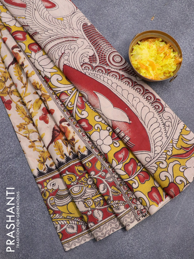 Kalamkari cotton saree beige and maroon with allover prints and printed border